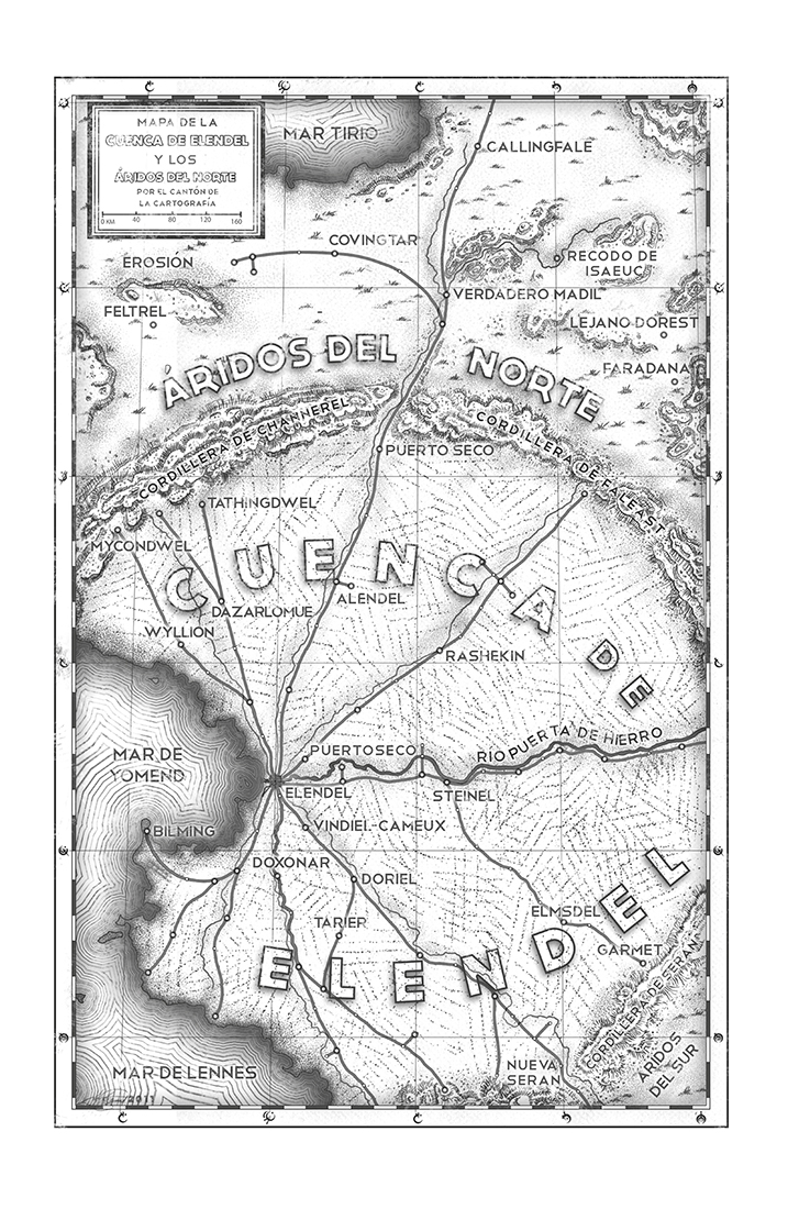 Mapa en tonos de gris de la Cuenca de Elendel, circular, delimitada por el mar de Yomend y el de Lennes entre lo que serían las horas 6 y 10 de un reloj, y por cordilleras en el resto de la circunferencia. Al norte, en los Áridos del Norte, destacan el mar Tirio y los pueblos de Erosión, Feltrel y Lejano Dorest. Al límite de la Cuenca, en el sureste, está la ciudad de Nueva Seran. Al suroeste, en la punta de la bahía que se interna en el mar de Yomend y cuyo centro ocupa Elendel, está la ciudad de Bilming.