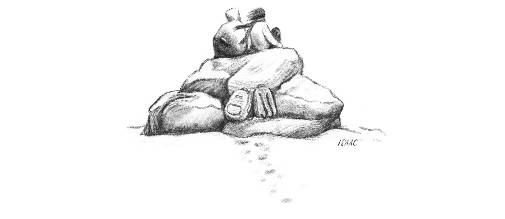 Ilustración de dos personas sentadas juntas sobre un conjunto de rocas, vistas desde atrás, con dos mochilas apoyada en la parte baja de las rocas y una línea de huellas que conduce hasta las rocas.
