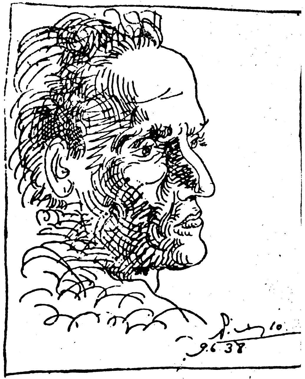 Retrado a tinta de César Vallejo. Los trazos son a modo de esbozo, pero representan perfectamente su rostro, de perfil, con parte de su cara sombreada. Todo el dibujo está contorneado con una línea fina a modo de marco rectangular.