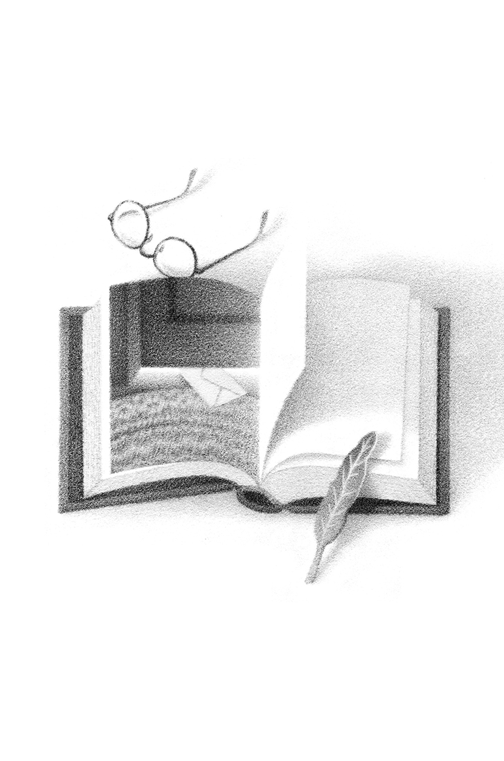 La imagen hecha en carboncillo muestra un libro abierto con un par de gafas apoyadas sobre él. Una pluma descansa sobre las páginas. La sombra de la libreta se proyecta hacia la derecha.