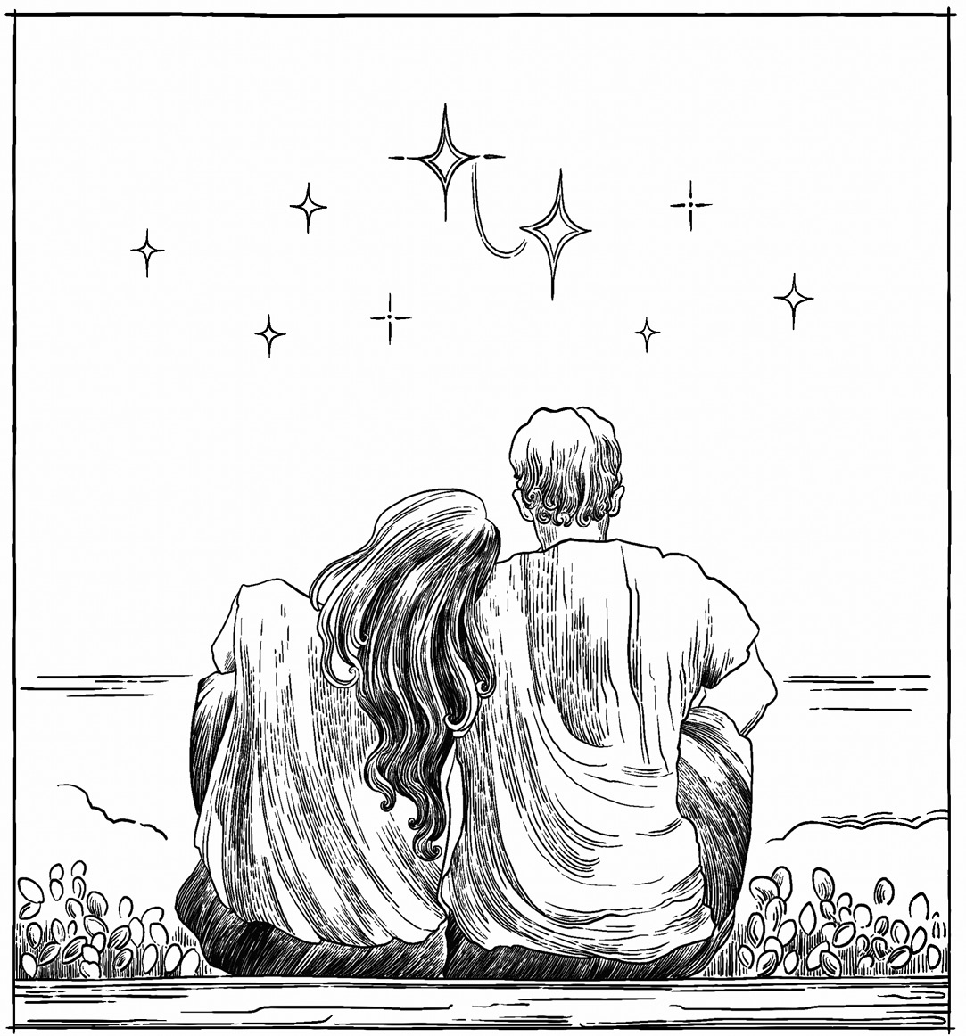 Ilustración de una chica y un chico de espaldas delante del mar y bajo las estrellas. La chica apoya la cabeza en el hombro del chico.