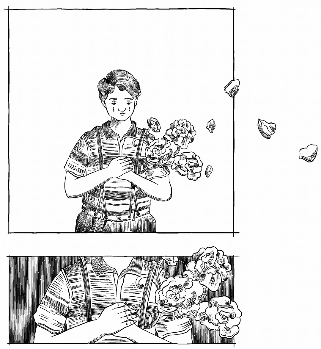 Ilustración de un niño llorando que sujeta un ramo de rosas que se va deshojando con el viento. Debajo de ésta un primer plano de sus manos en el pecho.