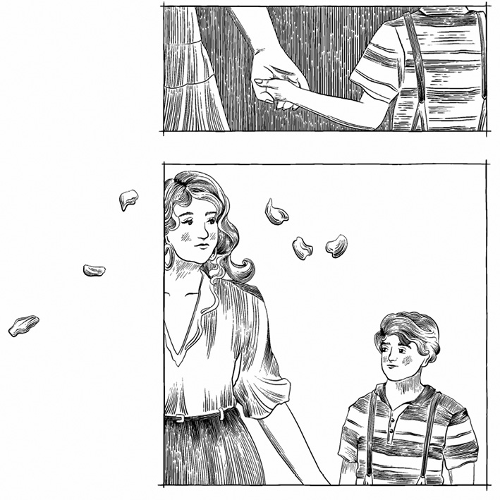 Ilustración de un niño cogiendo de la mano a una mujer. Están de espaldas y solo se ve el torso del niño y parte del vestido de la mujer.