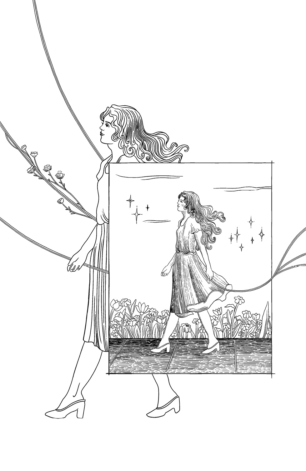 Dos ilustraciones superpuestas de una mujer andando hacia la izquierda por un camino con flores. Lleva el pelo ondulado suelto y largo. Viste un vestido y zapatos de tacón.