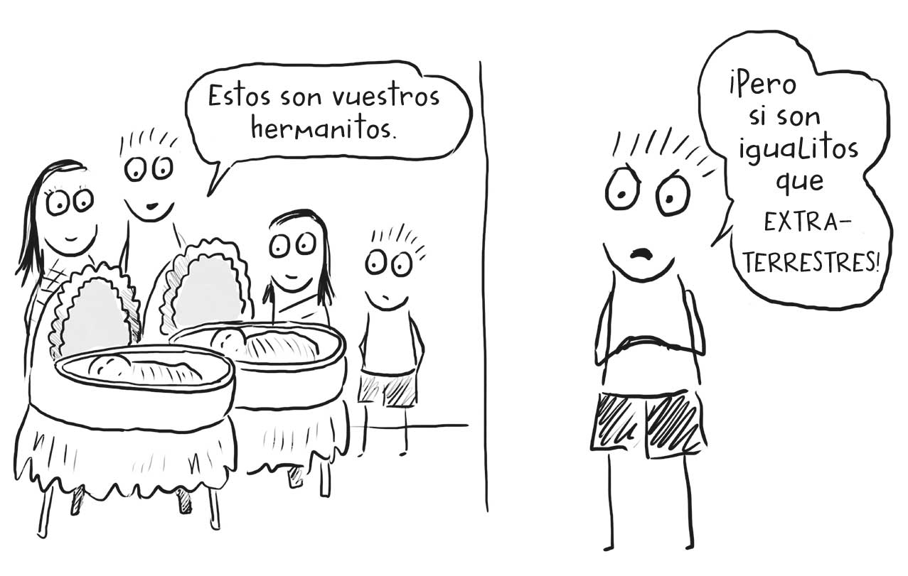 Ilustración de un hombre y una mujer ante dos cunas con un bebé en cada una y un niño y una niña mirándolos. El hombre dice «Estos son vuestros hermanitos». A la derecha de esta hay una ilustración de un niño que dice «¡Pero si son igualitos que EXTRATERRESTRES!».