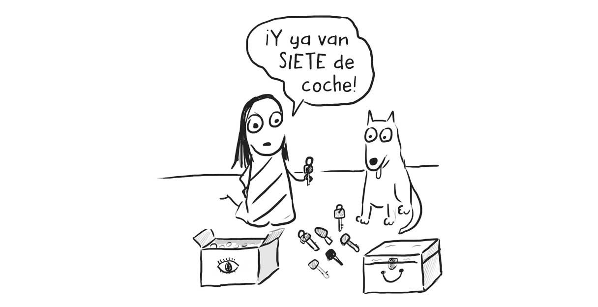 Ilustración de una niña que dice «¡Y ya van SIETE de coche!» al lado de un perro y con dos cajas y seis llaves delante suyo.