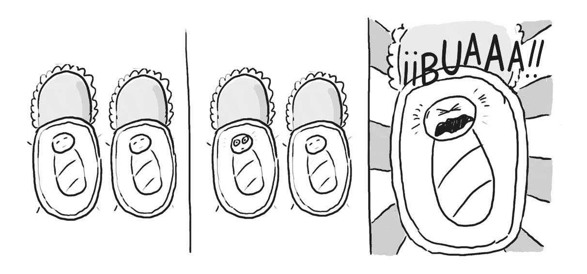 Tres ilustraciones en paralelo: a la izquierda dos bebés durmiendo en sus cunas; en el centro dos bebes, uno duerme y el otro tiene los ojos abiertos y a la derecha un bebé llorando.