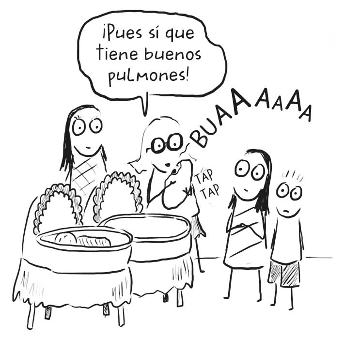 Ilustración de dos mujeres de pie ante dos cunas. En una hay un bebé durmiendo y una de las mujeres le da golpecitos al otro bebé, que tiene en brazos mientras dice «¡Pues sí que tiene buenos pulmones!». A su lado un niño y una niña la miran.