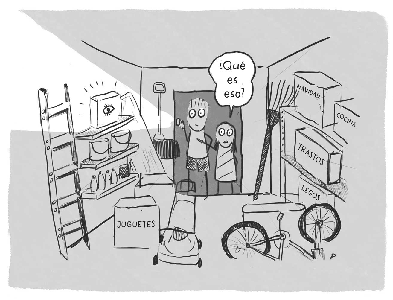 Ilustración de una habitación en la que hay cajas en las que pone: «NAVIDAD», «COCINA», «TRASTOS», «LEGOS», «JUGUETES» y dos niños enfocándolas con una linterna desde la puerta. La niña dice «¿Qué es eso?».