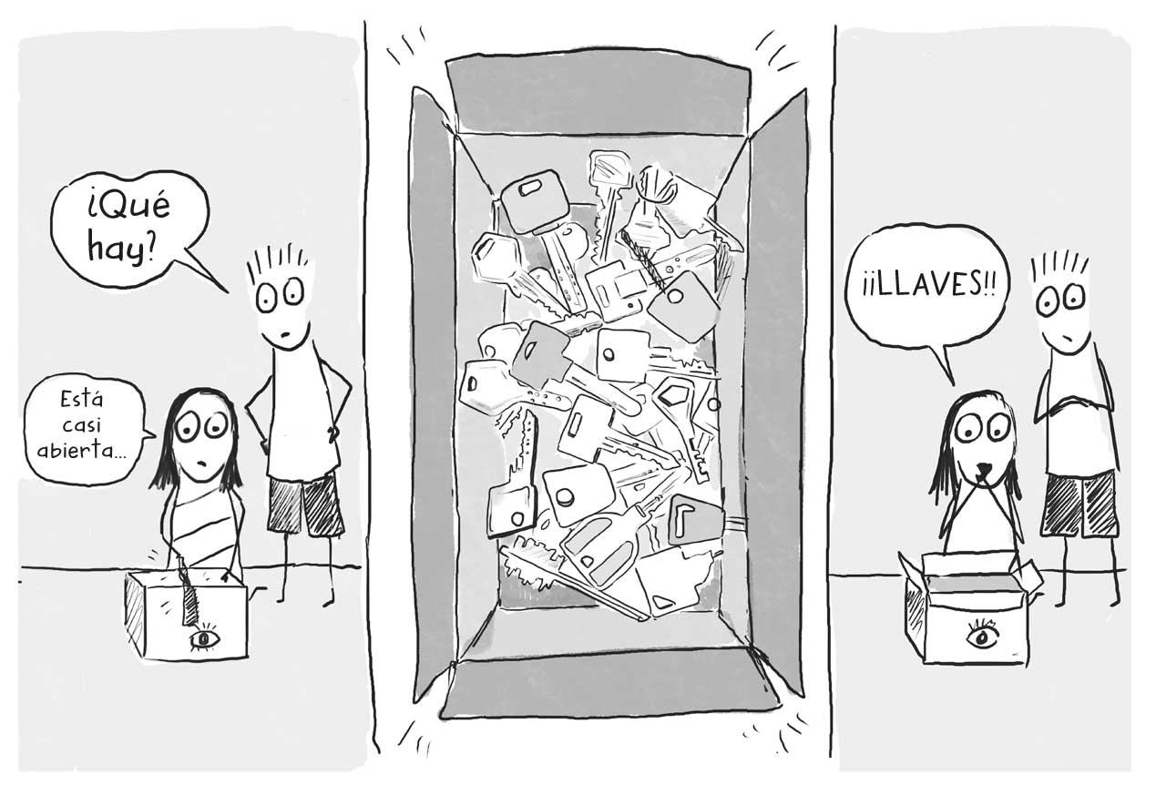 Ilustraciones en paralelo. En la de la izquierda hay un niño y una niña mirado una caja. El niño dice «¿Qué hay?», a lo que la niña responde «Está casi abierta». En la ilustración del medio la caja abierta llena de llaves, y en la de la izquierda la niña dice «¡¡LLAVES!!».