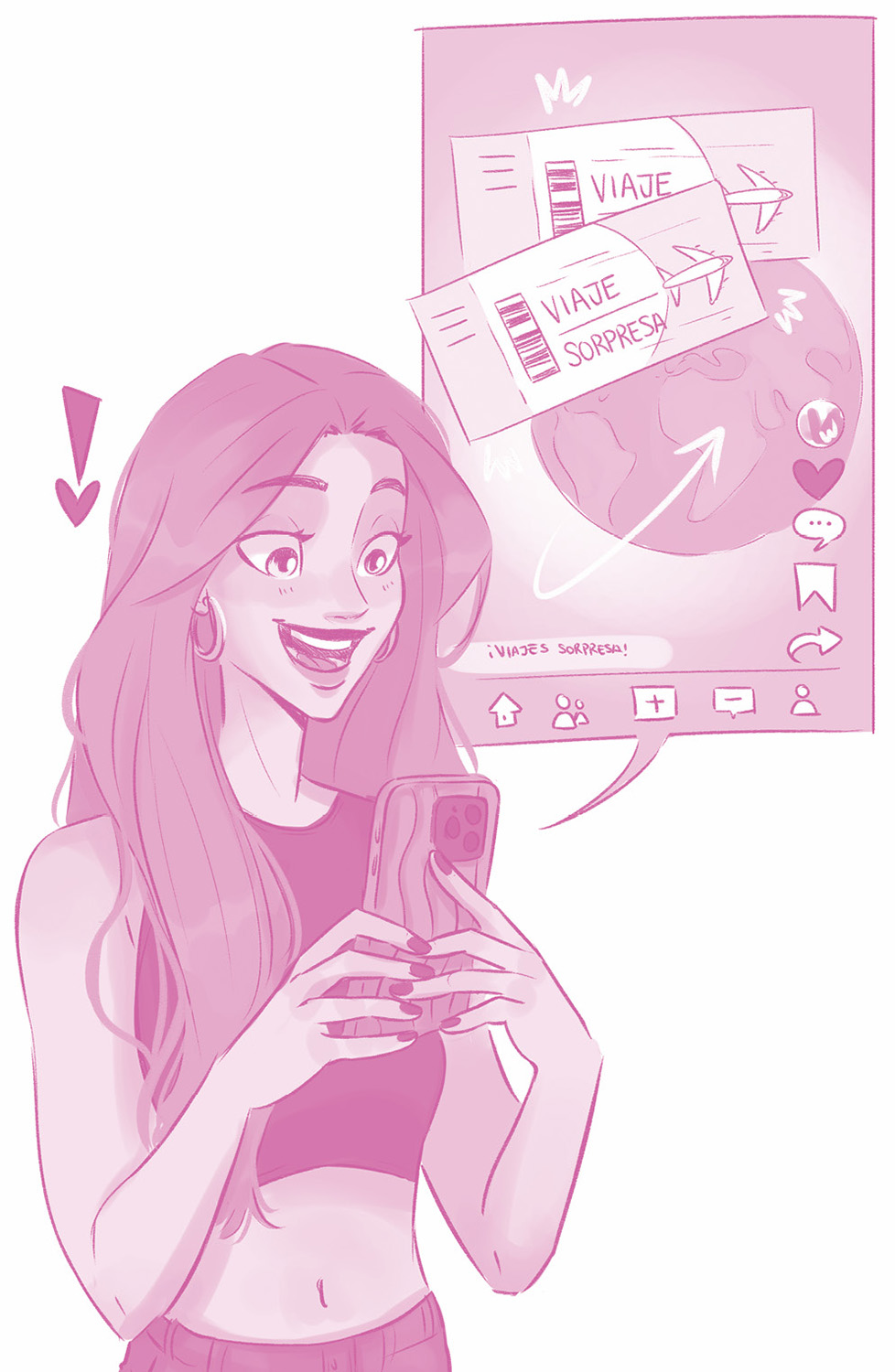 Ilustración de una chica con una gran sonrisa y los ojos muy abiertos. Tiene el pelo largo y liso y un par de pendientes grandes de aro. Está mirando un móvil que tiene cogido con las dos manos. En una imagen rectangular al lado de su cabeza hay el contenido de la pantalla del móvil: una bola del mundo y dos billetes de avión en los que pone «VIAJE SORPRESA».