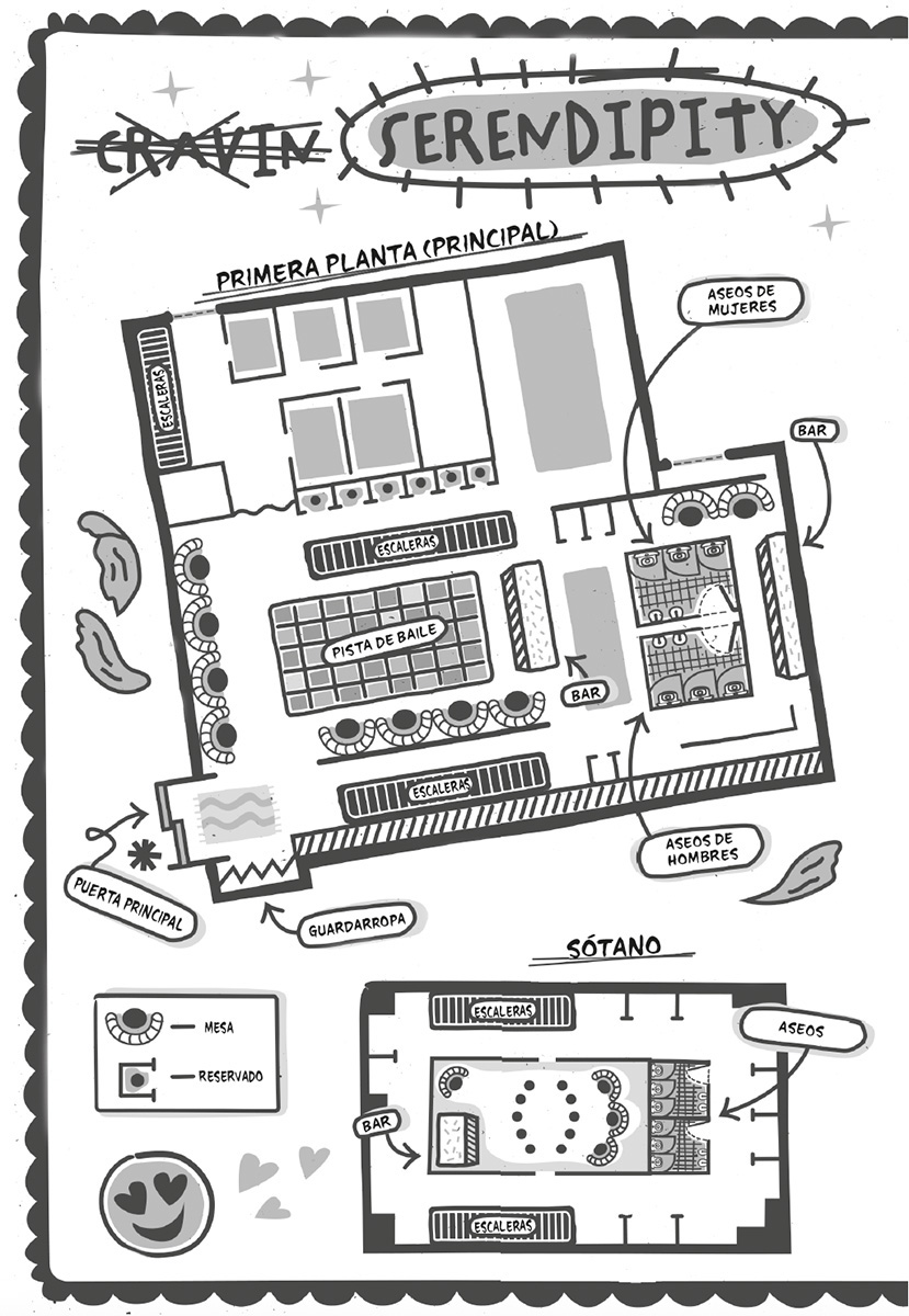 Plano del Serendipity (o Cravin, nombre que aparece tachado), en esta imagen se detalla la distribución de la primera planta (la principal) y el sótano. En la primera planta hay en un lateral los aseos de las mujeres y de los hombres, que son contiguos junto a unbar con un par de mesas. En la zona central de la planta destaca la pista de baile, junto a otro bar y varias mesas así como seis reservados. La puerta principal se sitúa en un lateral de la pista de baile, junto a unas escaleras. En el otro lado de la pista de baile también hay escaleras así como en la parte superior del plano en el que también hay cinco habitaciones sin más información. Se puede llegar al sótano a través de las dos escaleras de la pista de baile. En este hay más aseos y un bar con mesas. El plano está decorado con ilutstraciones de pétalos y un emoticono con corazones en los ojos.