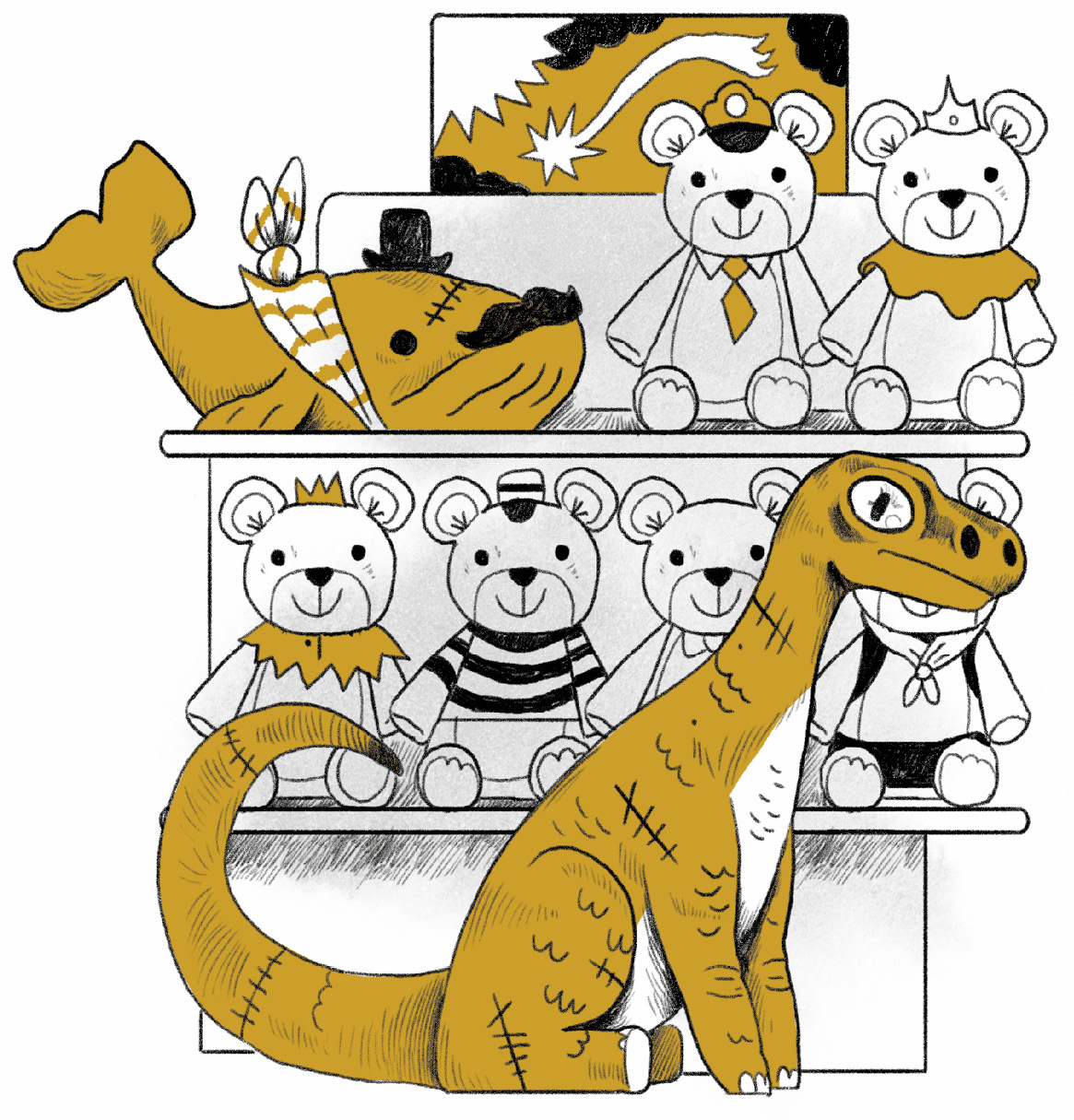 Ilustración de un peluche de dinosaurio ante una estantería con seis ositos de peluche y una ballena también de peluche.