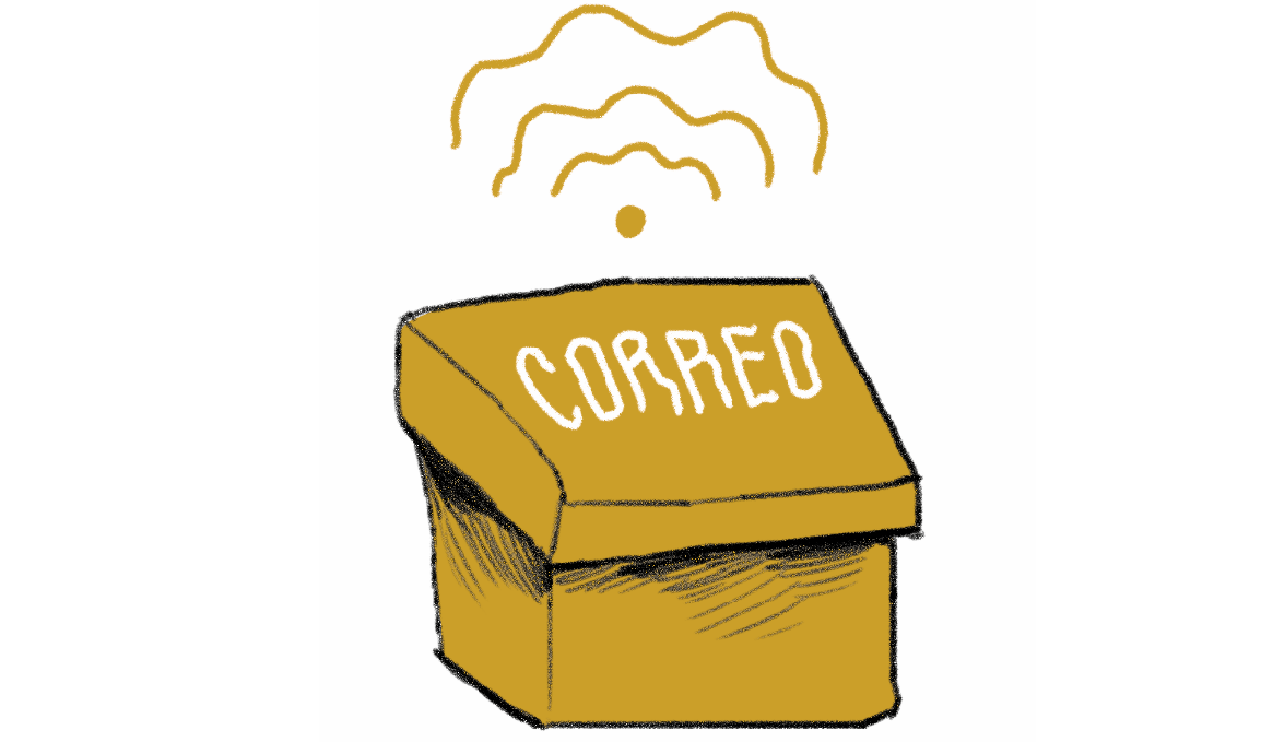 Ilustración de un buzón una caja en la que pone CORREO que emana ondas.