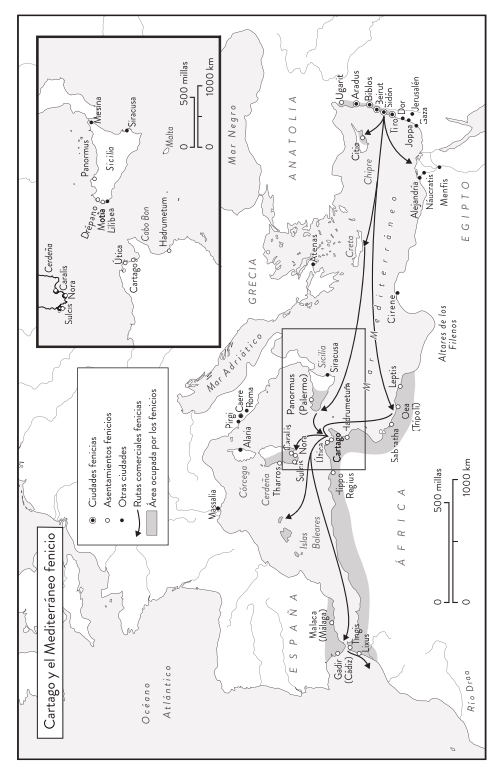 Mapa en blanco, grises y negro de la Península ibérica, Italia, Grecia, Anatolia y el norte de África, en el que se marca en gris oscuro la zona ocupada por los fenicios. Se marcan, con líneas negras, las rutas comerciales fenicias y varios puntos de interés.