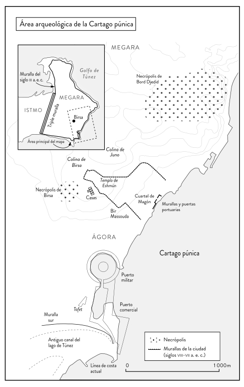 Mapa de la Cartago púnica, que representa un detalle de Brisa, situada en Megara, en el golfo de Túnez. El detalle señala varios puntos como en Ágora, la necrópolis de Bord Bjedid al norte, la colina de Juno, la Colina de Birsa, la necrópolis de Birsa, el muro, la muralla del sur, etcétera.