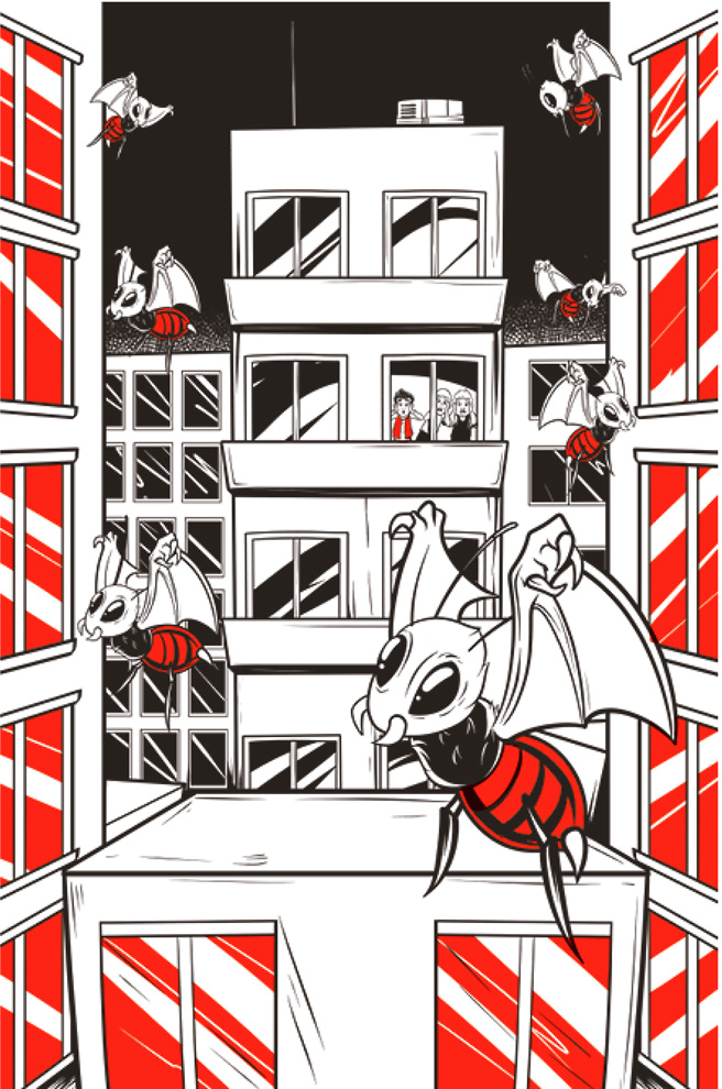 Ilustración de la parte superior de varios edificios entre los cuales sobrevuelan insectos muy grandes. En una de las ventanas de un edificio hay tres chicos con las manos en la cabeza.