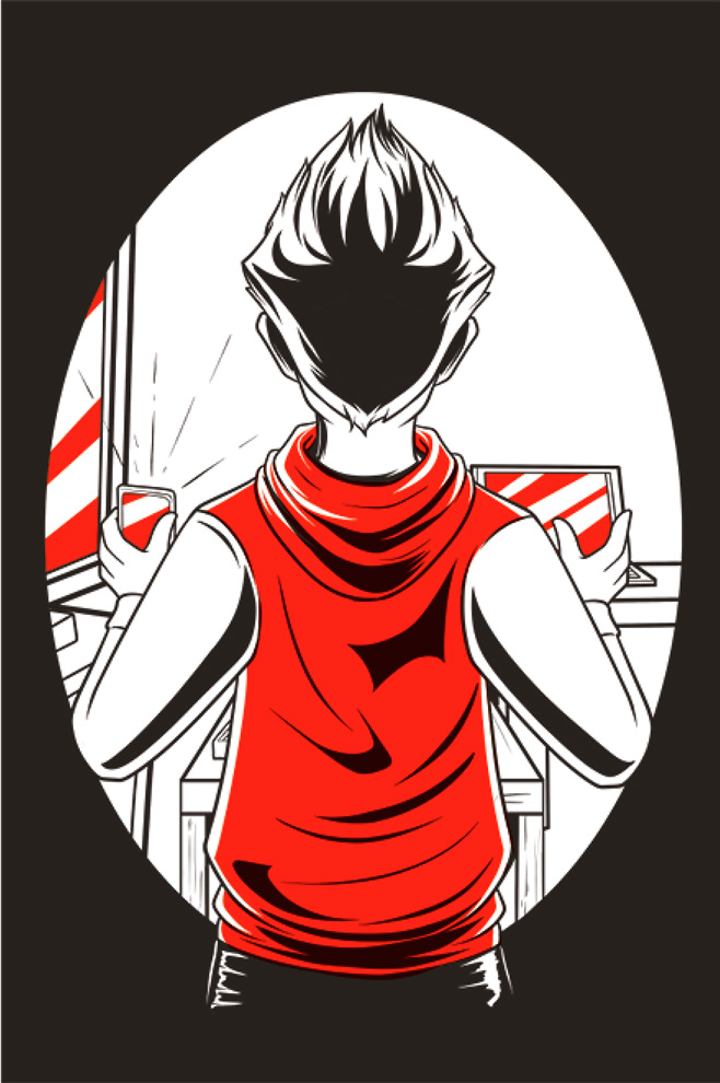 Ilustración de un chico moreno de espaldas. Tiene un móvil en la mano y ante él un portátil.