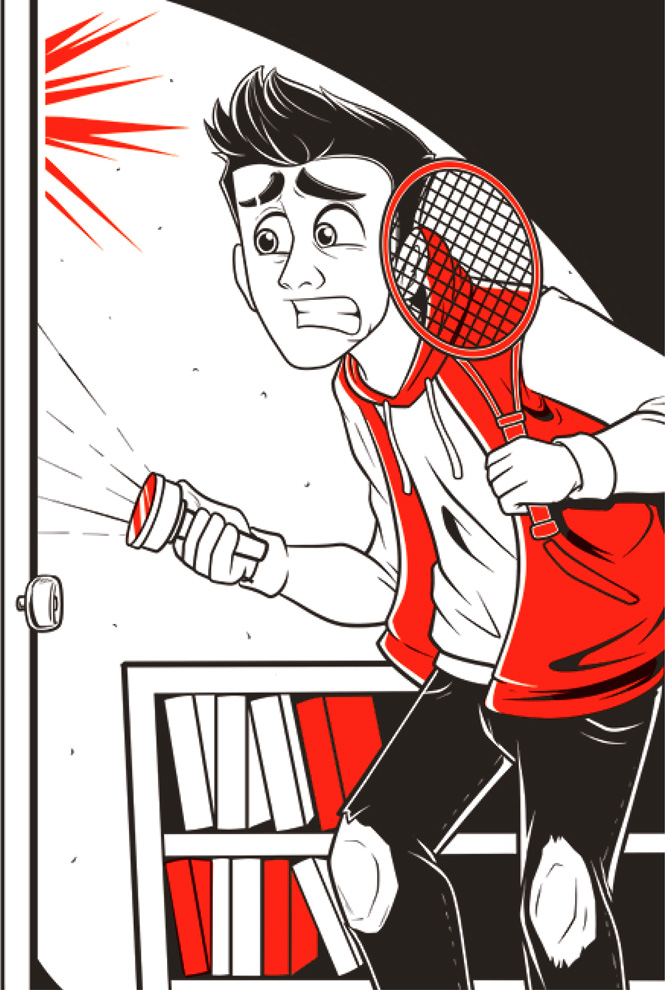 Ilustración de un chico moreno con los ojos muy abiertos y los dientes serrados. Tiene una raqueta de tenis en una mano y una linterna en la otra.