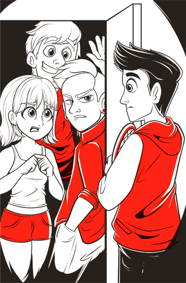 Ilustración de un chico moreno con los ojos muy abiertos y una raqueta de tenis en la mano ante una puerta. En el rellano hay dos chicos y una chica.