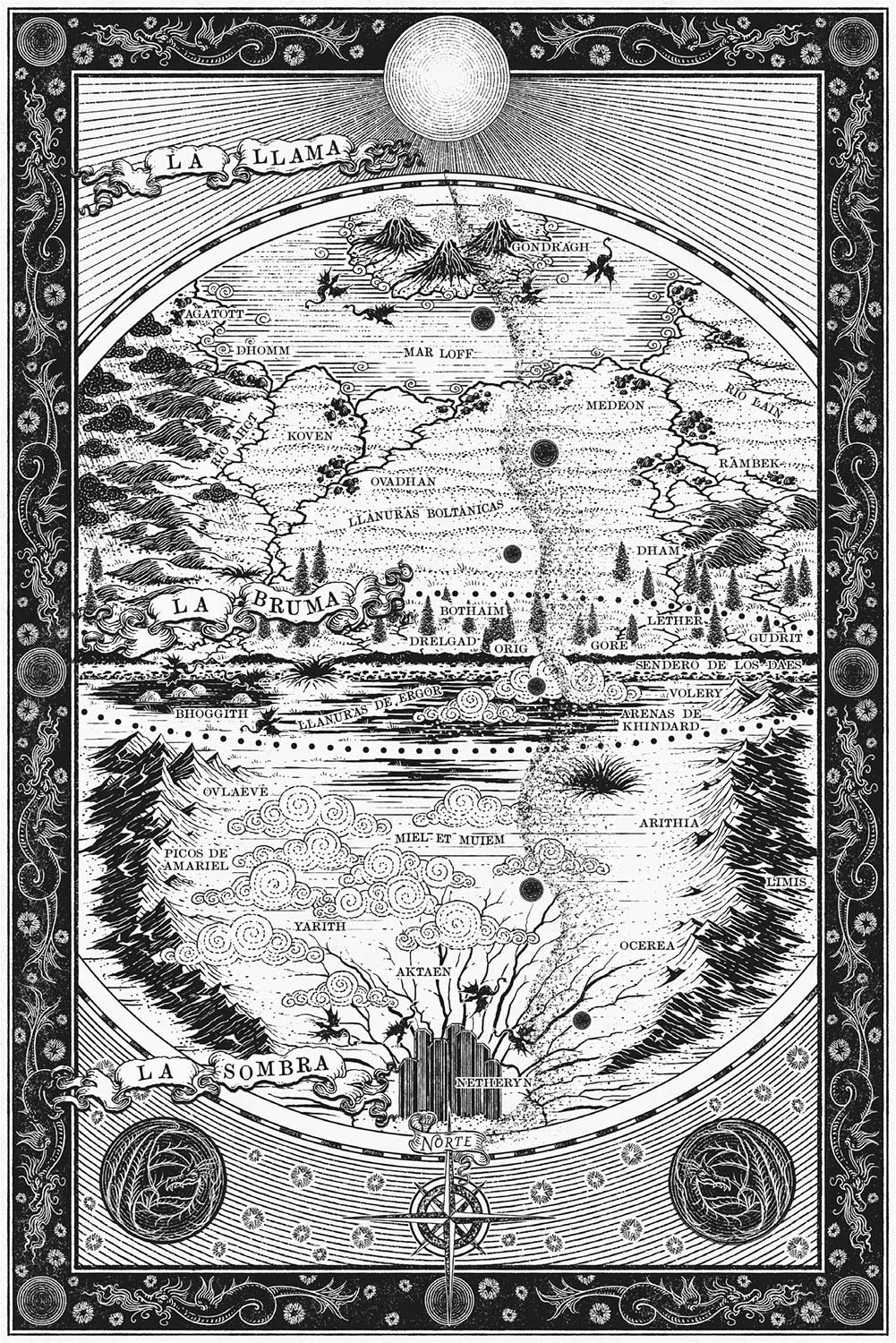 Mapa ovalado dividido en tres regiones principales. En la parte superior está La Llama, con un sol sobre el borde del mapa. En esta primera región hay tres volcanes activos junto al Mar Loff, dragones y topónimos como Agatott, Dhomm, Gondragh, Koven, Ovadhan, Medeon y Rambeck. En la zona central está La Bruma, separada por una franja horizontal con Llanuras de Ergór, Bhoggith, Sendero de los Daes, Volery y Arenas de Khindard. Debajo aparecen bosques, llanuras, nubes arremolinadas y asentamientos como Drelgad, Orig, Bothaim, Gore, Lether, Gudrit, Olaeve, Miel et Muiem y Yarith. En la parte inferior está La Sombra, con cordilleras a izquierda y derecha, topónimos como Picos de Amariel, Aktaen, Ocerea, Arithia y Limis, y la ciudad de Netherýn junto al borde inferior. Una rosa de los vientos indica el Norte en la parte inferior central. El mapa está decoracado con ilustraciones de lunas y con dragones escupiendo fuego.