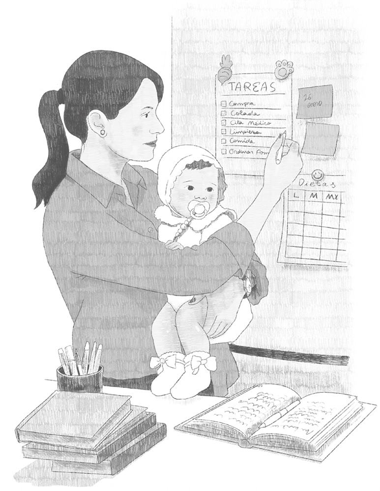 Ilustración en blanco y negro de una persona con un bebé en los brazos mientras con un lápiz escribe en una lista de tareas colgada en la pared, junto a varios póstits y un horario con el título Dietas. Entre las distintas tareas están hacer la compra, la colada, una cita médica, limpieza, comida, etc.