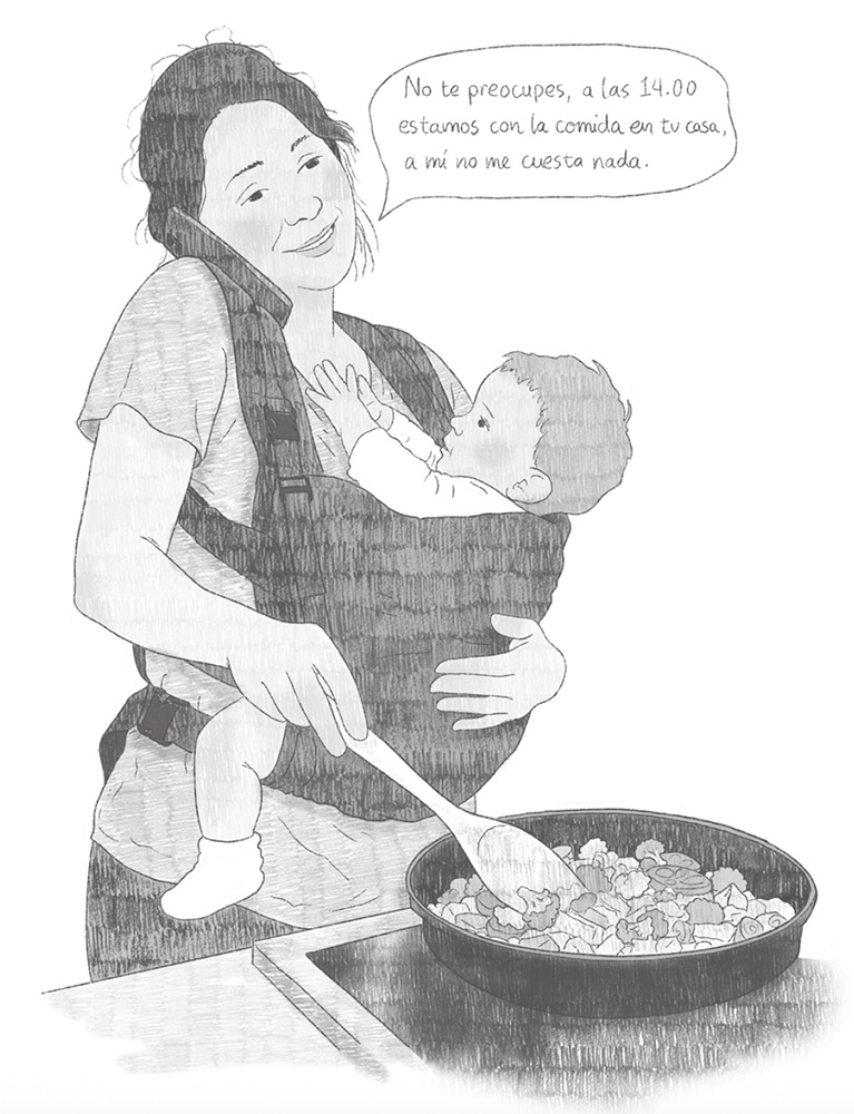 Ilustración de una persona cocinando con un bebé en la mochila portabebés. Está un poco despeinada y sujeta un móvil con el hombro mientras dice: no te preocupes a las 14:00 estamos con la comida en tu casa, a mí no me ucesta nada. El bebé levanta las manos para llegar al rostro de su madre.
