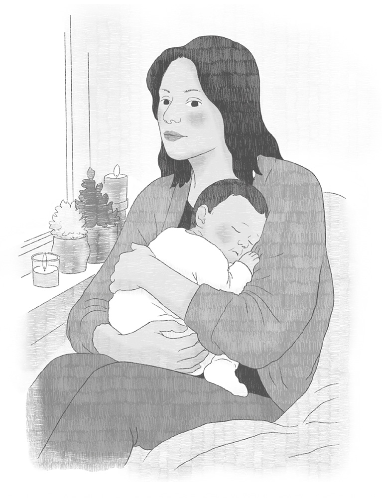 Ilustración de una persona sentada en un sillón mientras arropa a un bebé que está durmiendo. Al lado tiene una ventana, con velas y plantas en el alféizar.