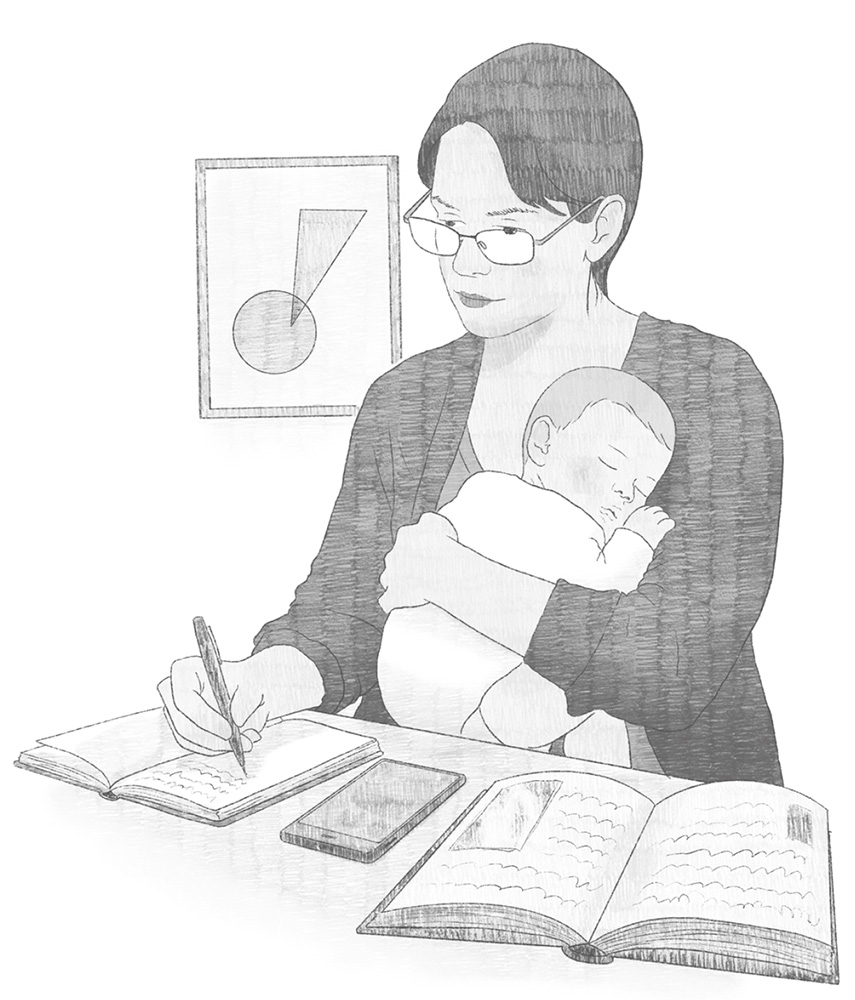Ilustración de una persona con gafas y un bebé durmiendo en el pecho. Con la mano libre está tomando apuntes en un cuaderno. En la mesa también está su móvil junto a un libro abierto. En la pared del fondo hay un cuadro de formas geométricas.