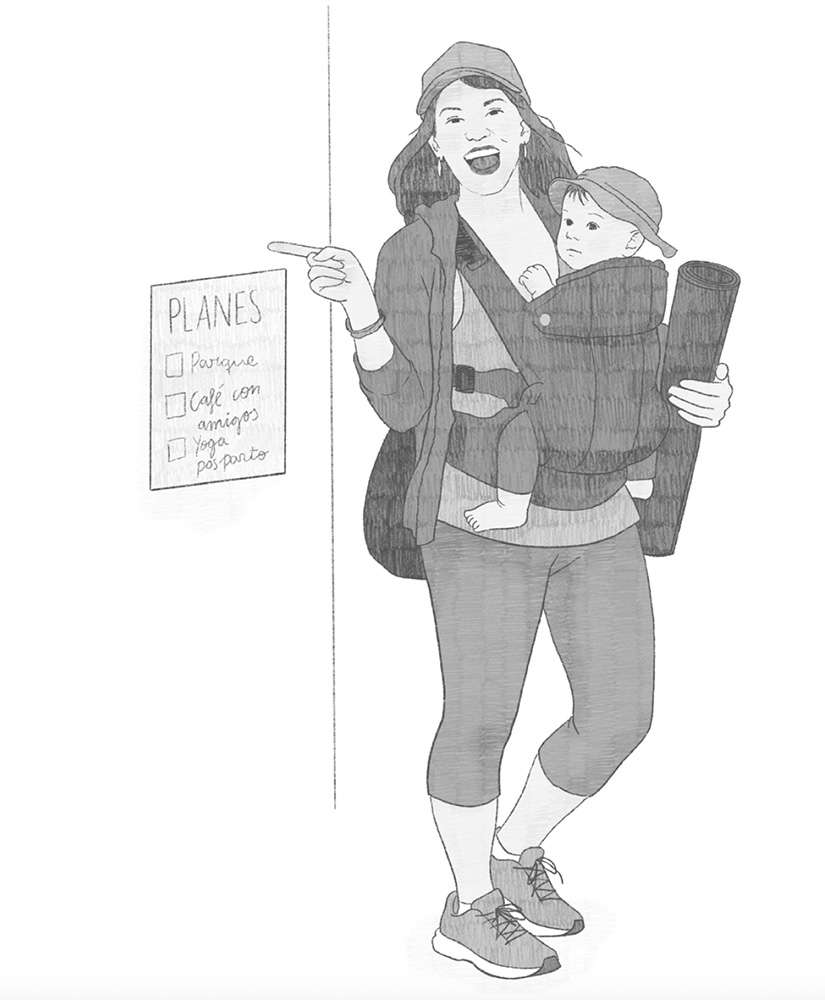 Ilustración de una persona con su bebé en la mochila portabebés, los dos llevan sombreros y la madre sonríe mientras señala un cartel con el texto PLANES: parque, café con amigos, yoga posparto. Con la otra mano sujeta una esterilla de yoga. Va vestida de deporte.