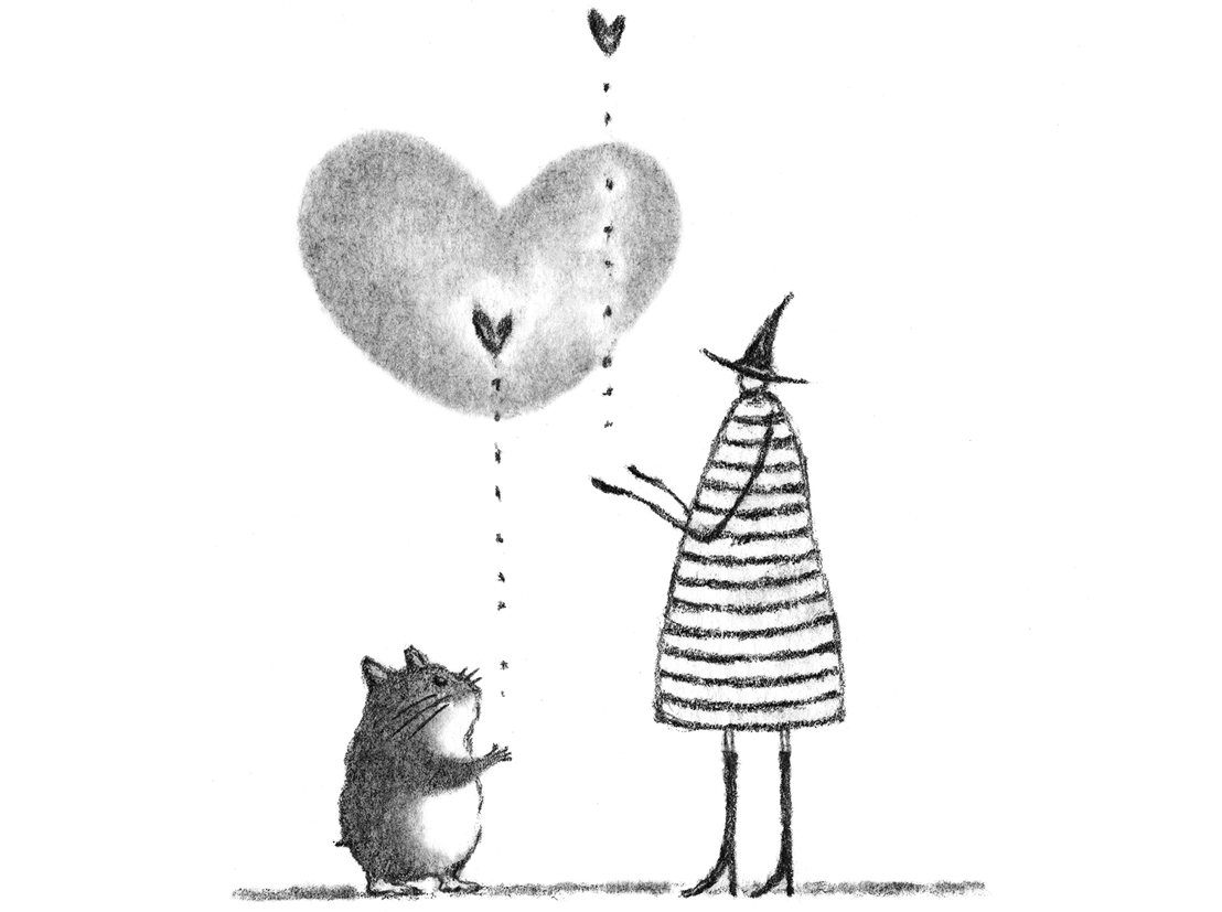 Ilustración del mismo personaje con sombrero puntiago junto a un ratón sin cola. Los dos levantan las manos mientras observan a dos corazones (que simbolizan la respiración) volar hacia arriba.