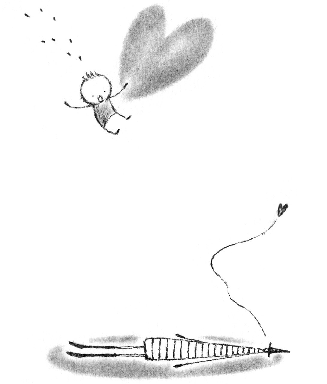 Ilustración de una persona cayendo mientras se agarra a un corazón gigante mientras mira con la boca abierta al personaje con el sombrero puntigado, que está tumbado y su respiración está escapando.