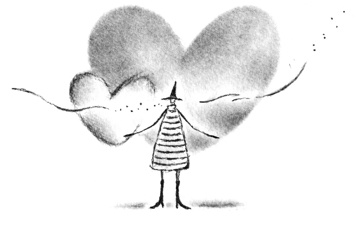 Ilustración de una persona con vestido de rayas, botas de tacón y sombrero puntigado levantando los brazos y exhala e inhala, detrás tiene dos corazones gigantes.