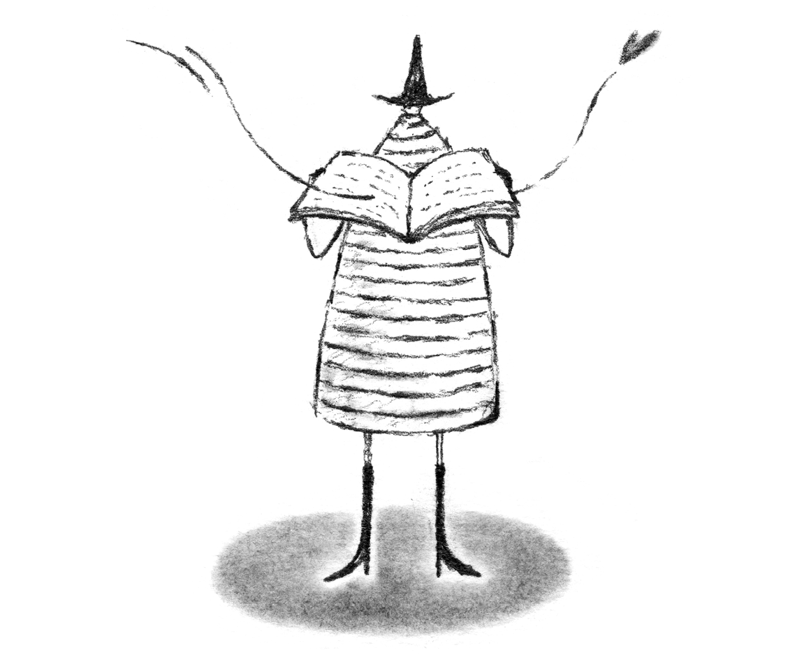 Ilustración de la persona con el sombrero puntiagudo leyendo un libro, en el que rebota la respiración.