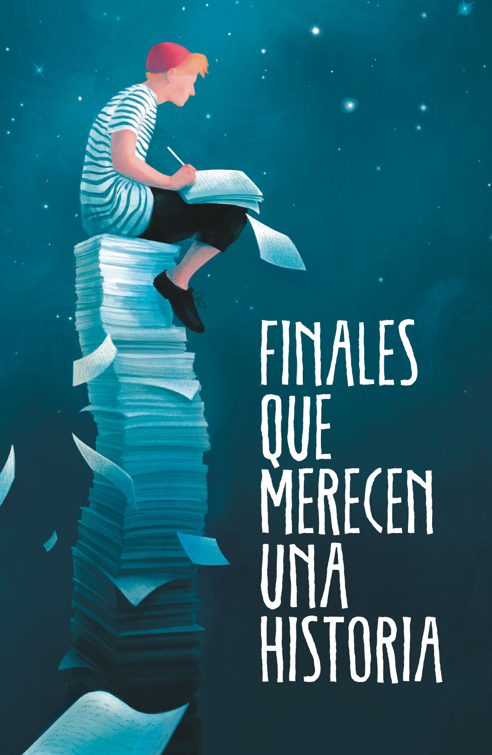 Finales que merecen una historia. Ilustración de una persona con un gorro rojo y una camiseta de rayas sentada encima de una larga columna de papeles mientras que escribe en otro fajo de papeles, algunos de los papeles están cayendo. El fondo es un cielo nocturno lleno de estrellas.