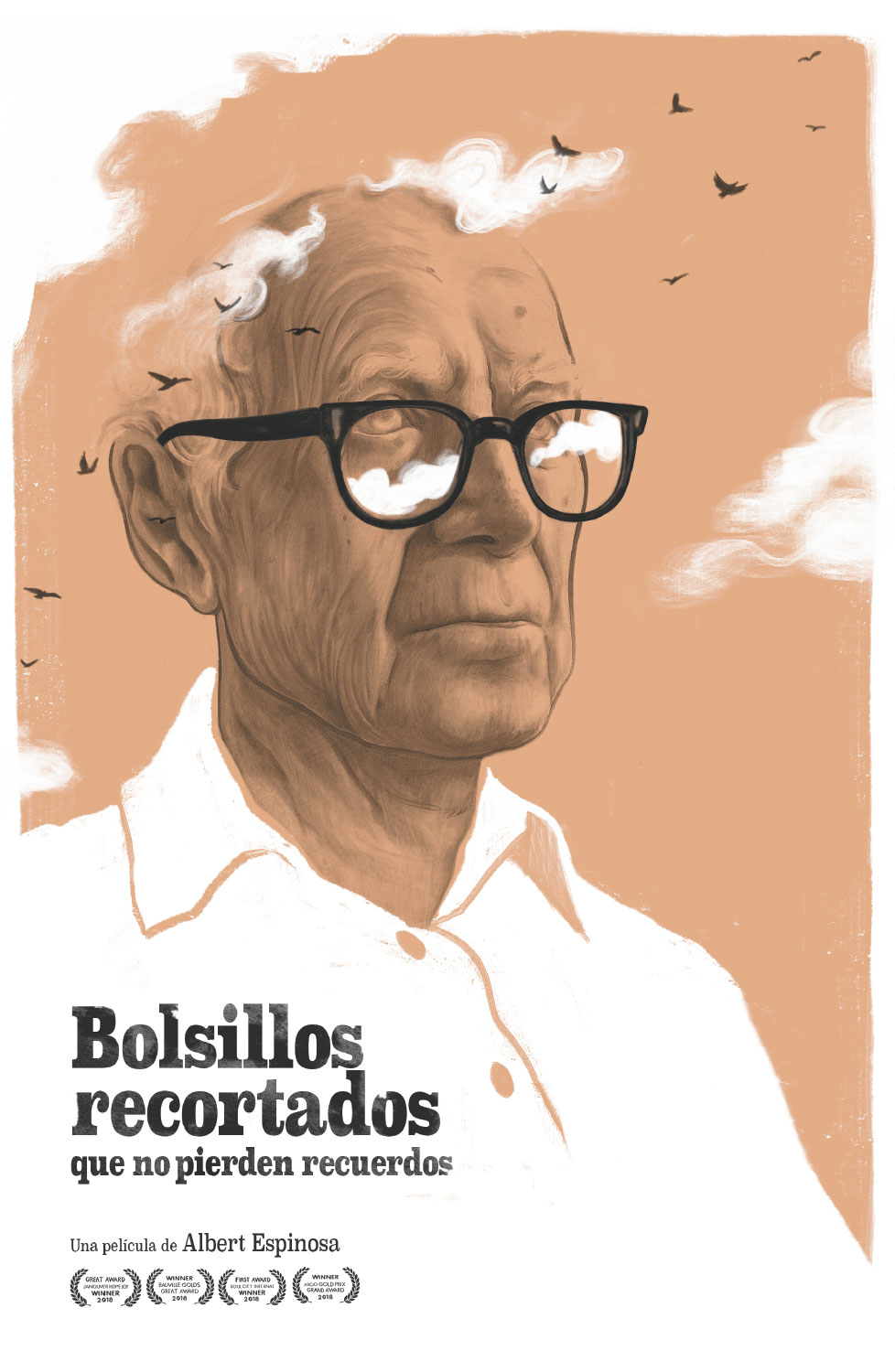 Bolsillos recortados que no pierden recuerdos. Ilustración de un hombre anciano que recuerda a una montaña. Su pelo se confunde con las nubes y en sus gafas de pasta negra también se reflejan las nubes del cielo que lo rodea. Varios pájaros vuelan a su alrededor. En la parte de abajo hay el texto Una película de Albert Espinosa y distintos premios.