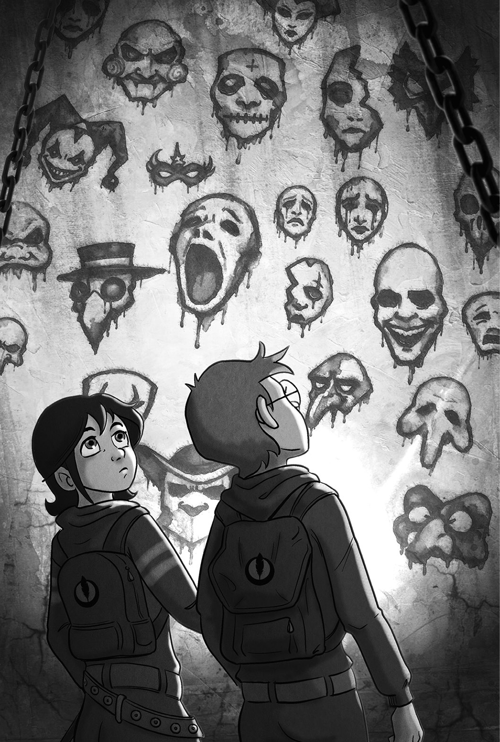 Ilustración de una niña y un niño de espaldas ante una pared llena de máscaras dibujadas con expresiones distintas en cada una de ellas.