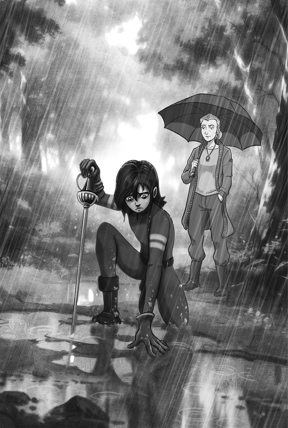Ilustración de una niña con la rodilla hincada en el suelo mojado y una espada en una mano también apoyada en el suelo. Detrás de ella hay una mujer con paraguas mirándola. Ambas están bajo la lluvia en un frondoso jardín lleno de árboles.