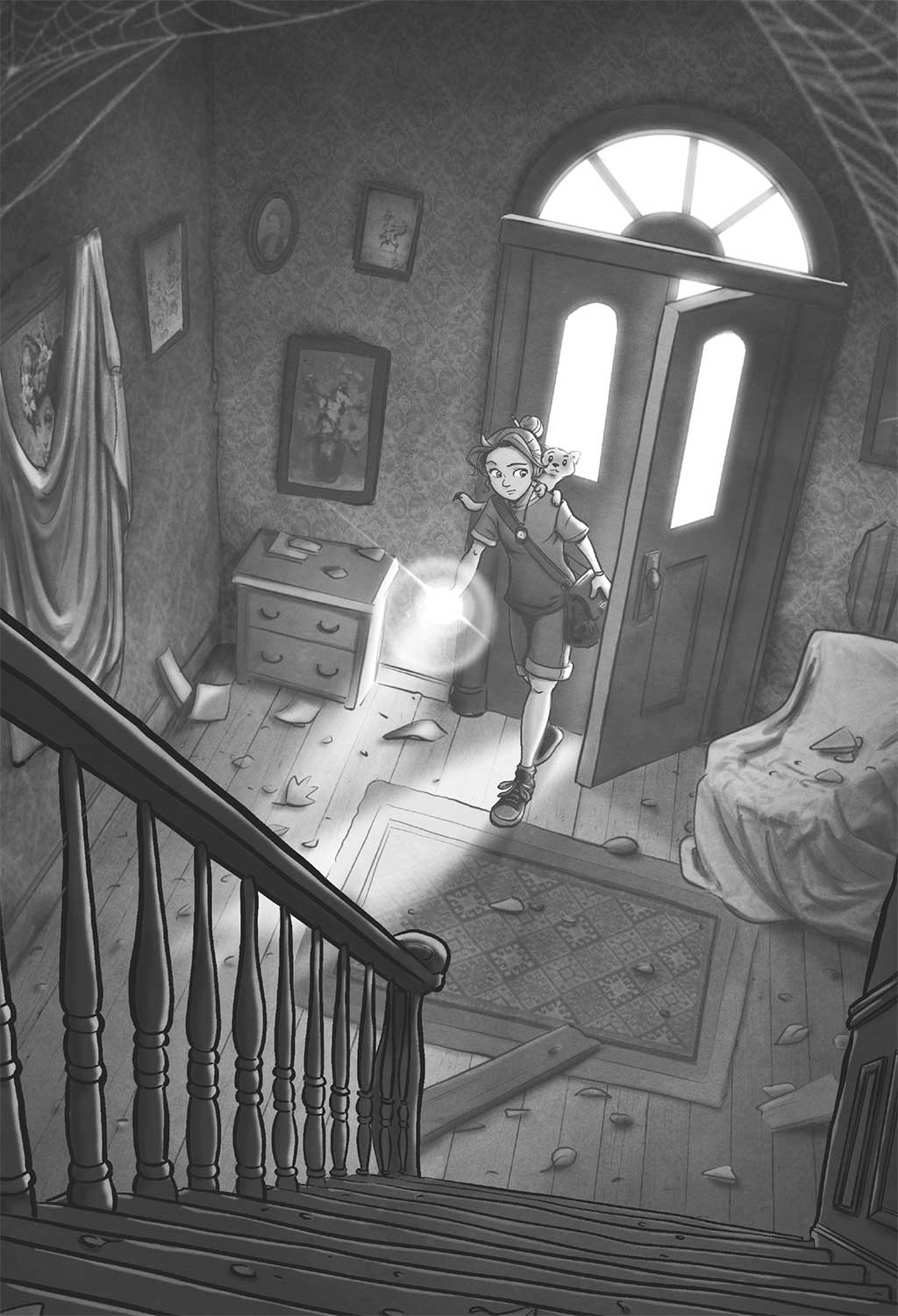 Ilustración de una niña con un hurón en el hombro entrando en una casa llena de telarañas, muebles polvorientos y elementos tapados con sábanas. El sitio está oscuro por lo que utiliza una linterna.