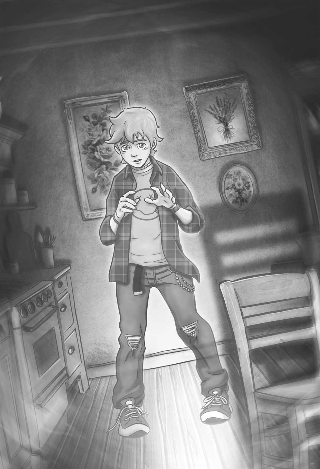 Ilustración de un niño flotando en medio de una cocina. Tiene un aura de luz alrededor de su cuerpo. Lleva una camisa de cuadros encima de una camiseta con un emoticono de ojos en forma de cruz y la lengua fuera.