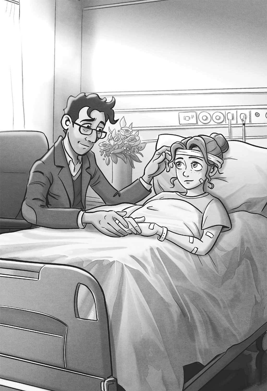 Ilustración de una niña tumbada en una cama de hospital con un vendaje en la cabeza y varias tiritas. Un hombre con el pelo revuelto y gafas le sostiene la mano mientras le acaricia el pelo sentado a su lado.