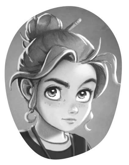 Ilustración del rostro de una niña con el pelo recogido en un moño con un lápiz. Tiene los ojos muy abiertos y los labios fruncidos.