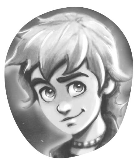 Ilustración del rostro de un chico con el pelo rubio, las cejas pobladas, grandes ojos y sonrisa de lado. Alrededor de su cuerpo hay un aura de luz blanquecina.