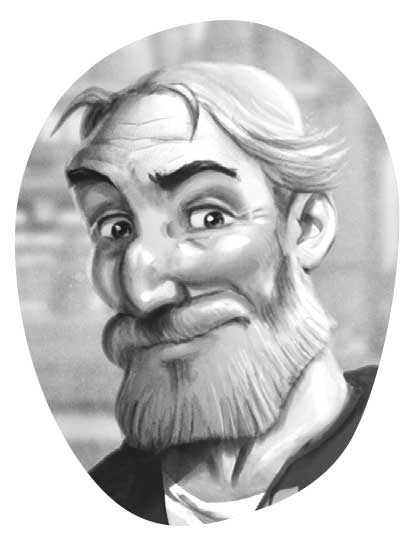 Ilustración del rostro de un hombre con pelo y barba canosos y sonrisa incipiente.