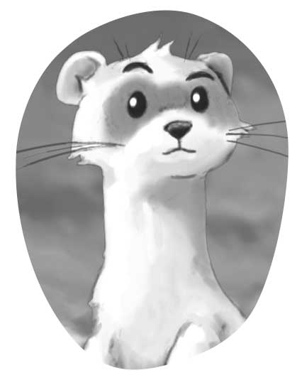 Ilustración del rostro de un hurón. Tiene el cuello largo y la mirada fija.