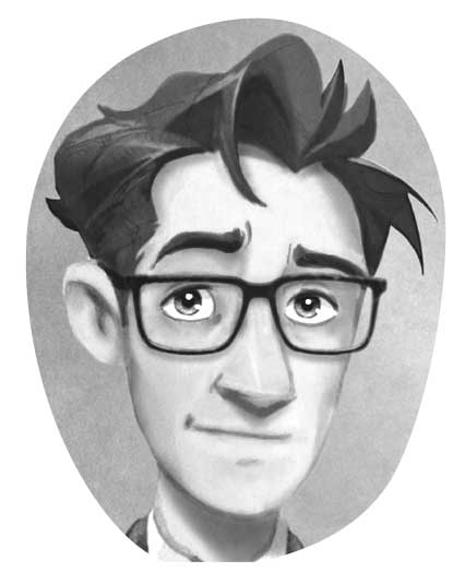 Ilustración del rostro de un hombre de mediana edad con la cara alargada, gafas de pasta, ojos vidriosos y media sonrisa.