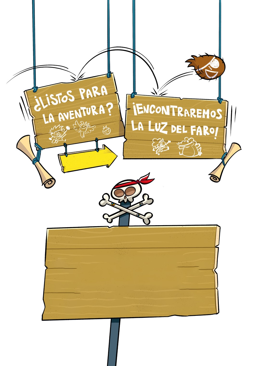 Cartel de madera colgado con dibujos de calaveras y mensajes en español que dicen si estás listo para la aventura y que encontrarán la luz del faro.

Descripción generada con IA