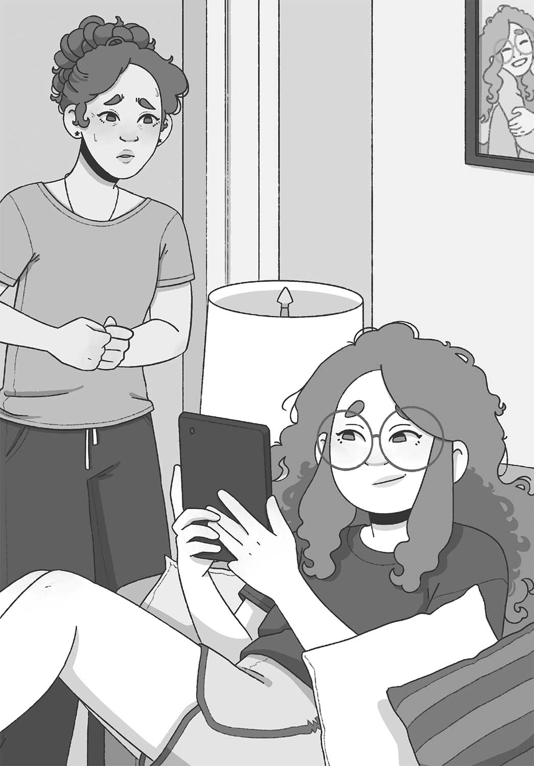 Ilustración de una niña con gafas y pelo rizado mirando una tableta sentada en un sofá. A su lado una mujer la mira con sudor en la mejilla.
