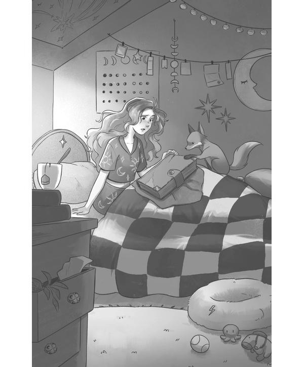 Ilustración de una chica con el pelo suelto y vestida con un pijama corto. Está incorporada en una cama junto a un zorro con un grueso cuaderno de piel en el regazo.