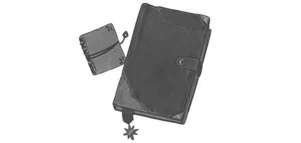 Ilustración de un cuaderno grueso de piel y otro más pequeño.